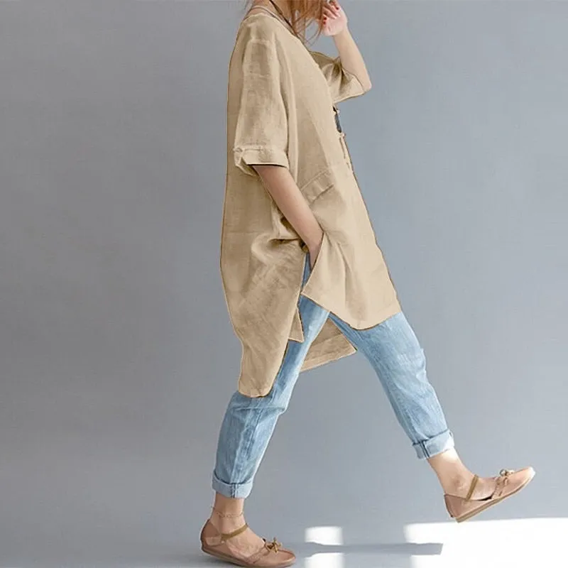 Leisure Trendy Women's Linen Cotton O-neck Short Sleeve Baggy Tops